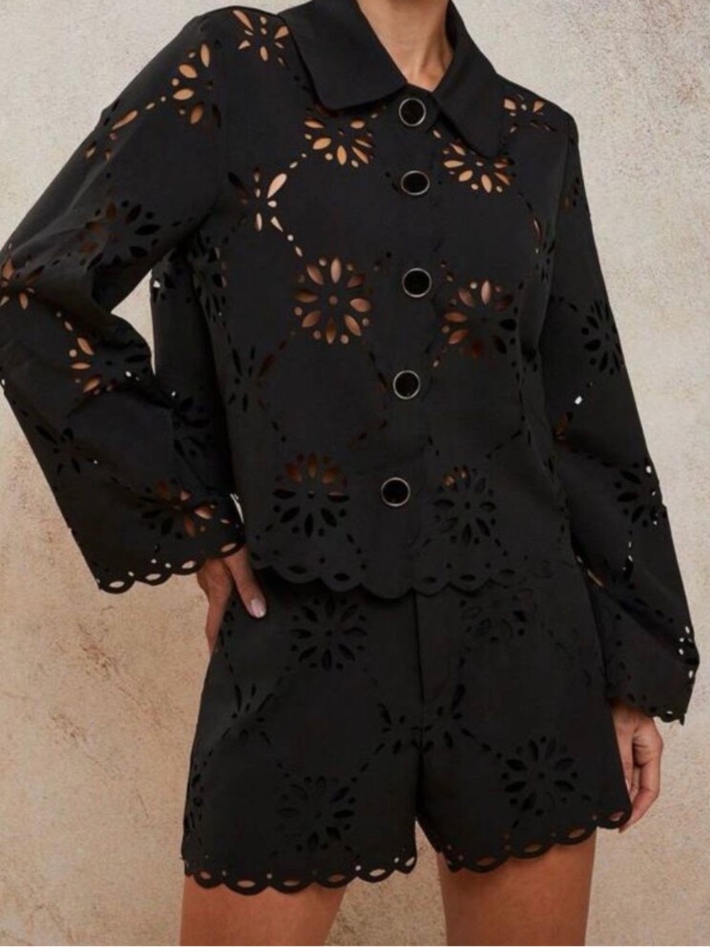 Black Laser-Cut Utility Jacket with Scalloped Edge